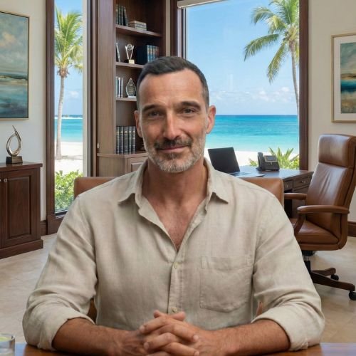 Portrait d'Olivier Dufour, consultant expert en IA, assis à son bureau en bois dans un cadre professionnel aux Caraïbes. Il porte une chemise en lin beige, les mains croisées, et regarde directement l'objectif. Derrière lui, une grande fenêtre panoramique offre une vue imprenable sur une plage de sable blanc, des palmiers et un océan turquoise sous un ciel bleu. Une bibliothèque en bois remplie de livres et de trophées, ainsi qu'un ordinateur portable et un fauteuil de bureau en cuir, complètent l'arrière-plan de ce bureau tropical