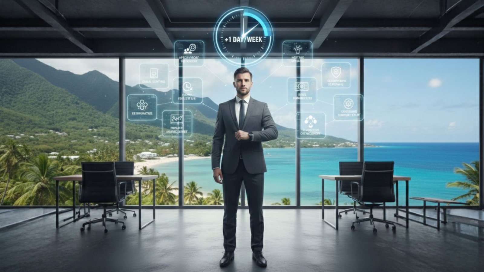 10 automatisations IA qui font gagner une journée par semaine à un dirigeant : email, agenda, comptes‑rendus, relances et reporting enfin gérés en pilote automatique Dirigeant dans son bureau entouré d’icônes d’email, d’agenda, de CRM et de reporting automatisés par l’IA, avec un cadran indiquant “+1 jour par semaine”, illustrant 10 automatisations IA qui rendent du temps aux chefs d’entreprise