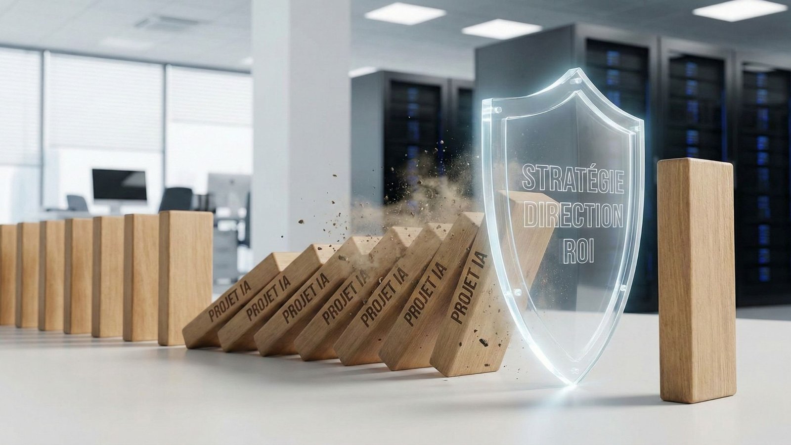 Dominos marqués “Projet IA” qui s’effondrent dans un bureau moderne, stoppés par un bouclier lumineux “Stratégie, Direction, ROI”, illustrant comment les dirigeants peuvent éviter l’échec de leurs projets d’intelligence artificielle.