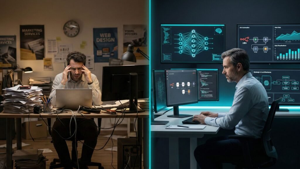 Comparaison entre l'approche d'un consultant IA spécialisé et une agence digitale généraliste en Guadeloupe.