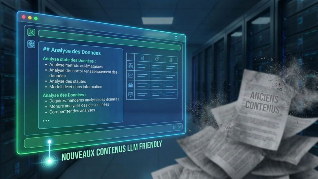Pourquoi vos contenus sont invisibles pour les moteurs IA Interface de moteur d’IA affichant un contenu clair avec titres et listes à côté d’anciens textes web flous, illustrant pourquoi les contenus actuels sont invisibles pour les modèles de langage et comment les rendre “LLM friendly” grâce à une meilleure structuration.