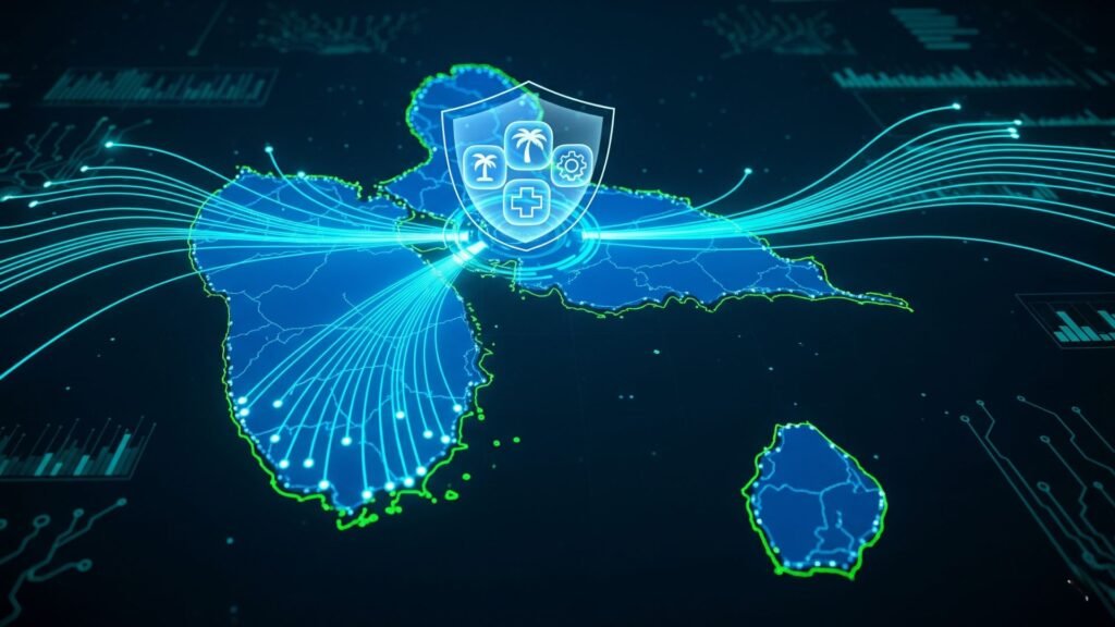 IA, data et confiance numérique aux Antilles Carte stylisée de la guadeloupe avec des flux de données lumineux et un bouclier digital protégeant des icônes d’entreprises locales, illustrant les enjeux d’IA, de data et de confiance numérique pour les entreprises de Guadeloupe, Martinique et Guyane.