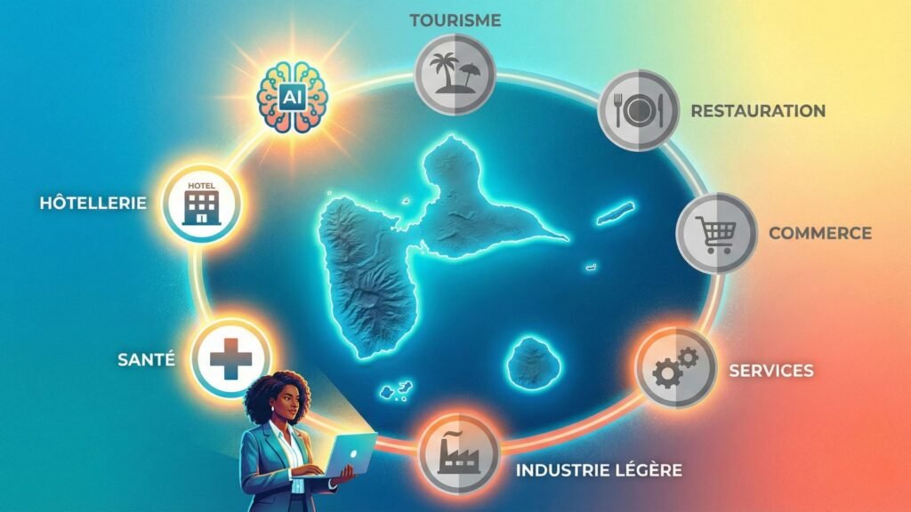 Guadeloupe : 7 opportunités IA sous-exploitées pour les entreprises locales Carte stylisée de la Guadeloupe entourée de sept icônes représentant des secteurs clés comme le tourisme, le commerce et les services, dont plusieurs sont grisées pour symboliser des opportunités IA encore sous-exploitées par les entreprises locales.
