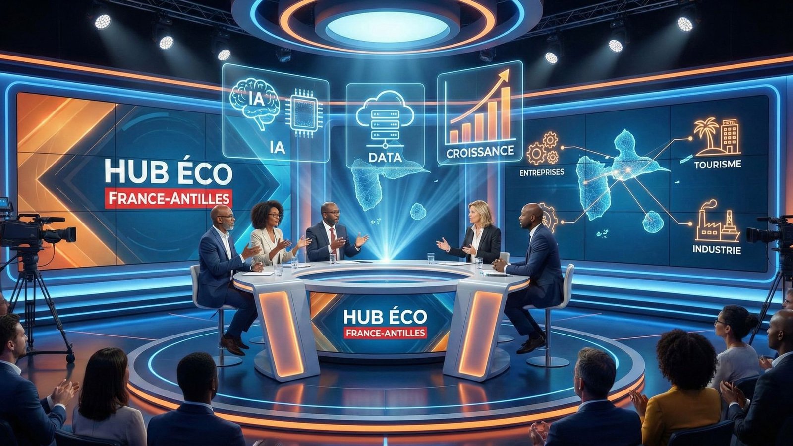 Plateau de conférence Hub Éco France-Antilles avec des experts qui débattent de l’intelligence artificielle devant une carte stylisée de la Guadeloupe reliée à des pictogrammes d’entreprises, illustrant la façon dont l’IA redessine l’économie locale