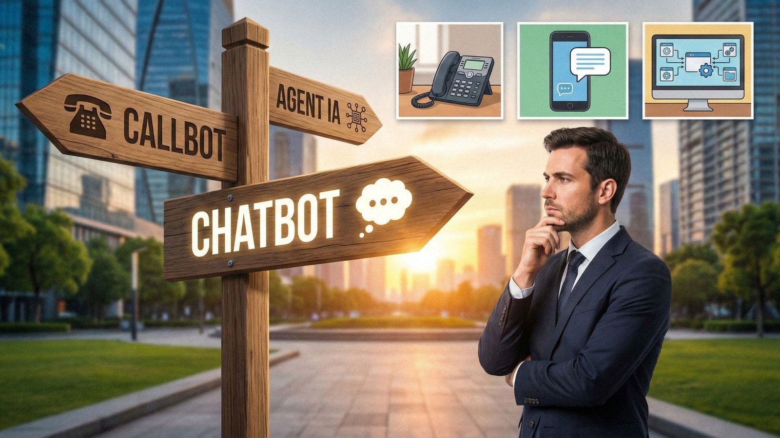 Dirigeant devant un panneau directionnel indiquant callbot, chatbot et agent IA, symbolisant le choix du premier assistant intelligent à installer dans son business pour automatiser le service client et gagner en efficacité.