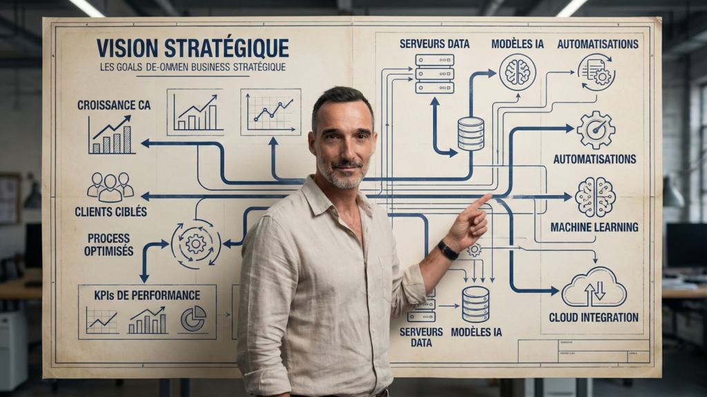 Olivier Dufour Architecte IA, pas geek de l’IA : aligner technologie et stratégie business avec une architecture IA pilotée par la vision d’entreprise. Olivier Dufour Consultant architecte IA debout devant un grand schéma mêlant plan technique et carte stratégique business, illustrant l’alignement entre technologies d’intelligence artificielle, données et objectifs de l’entreprise