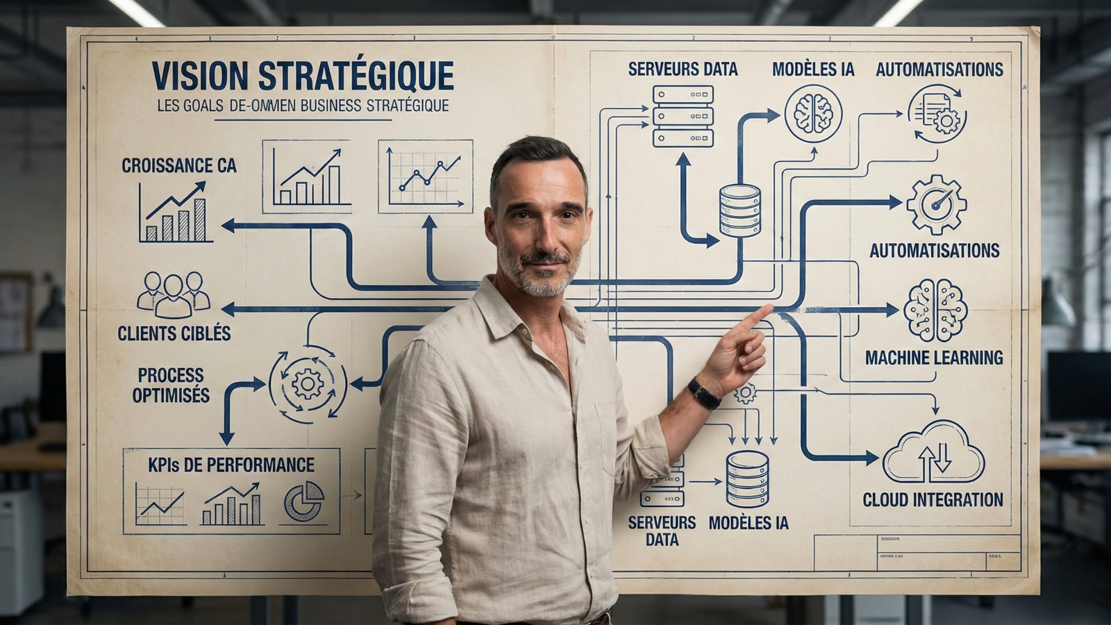 Olivier Dufour Consultant architecte IA debout devant un grand schéma mêlant plan technique et carte stratégique business, illustrant l’alignement entre technologies d’intelligence artificielle, données et objectifs de l’entreprise