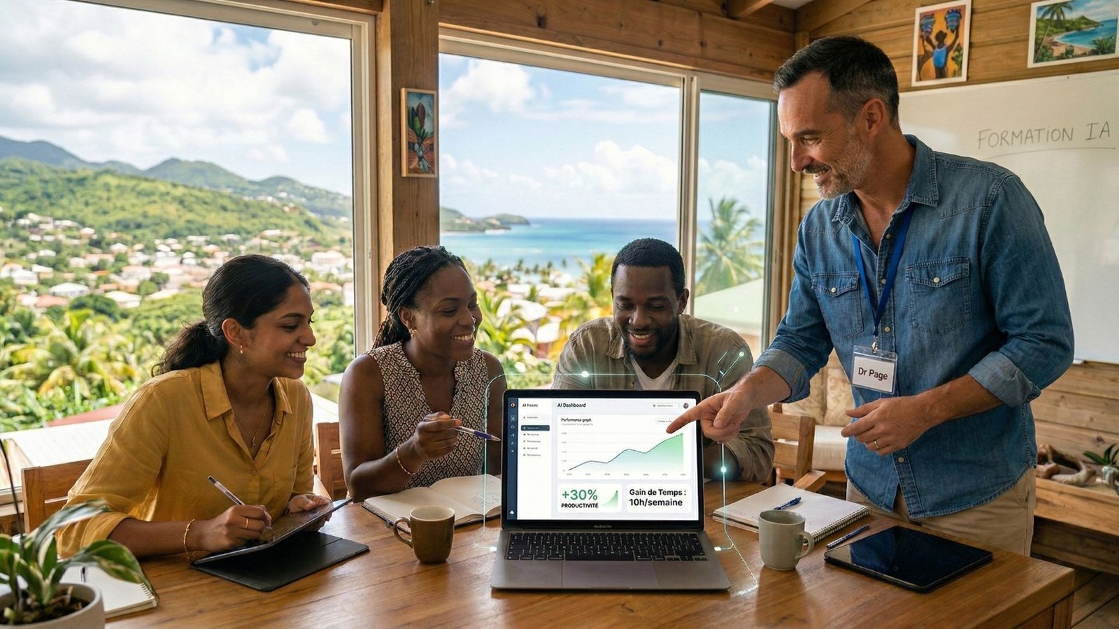 Olivier Dufour, consultant Dr Page, forme un groupe d'entrepreneurs en Guadeloupe. Ils analysent sur un ordinateur un graphique affichant +30% de productivité et 10h de gain de temps par semaine. Cadre de travail moderne avec vue sur la mer des Caraïbes.