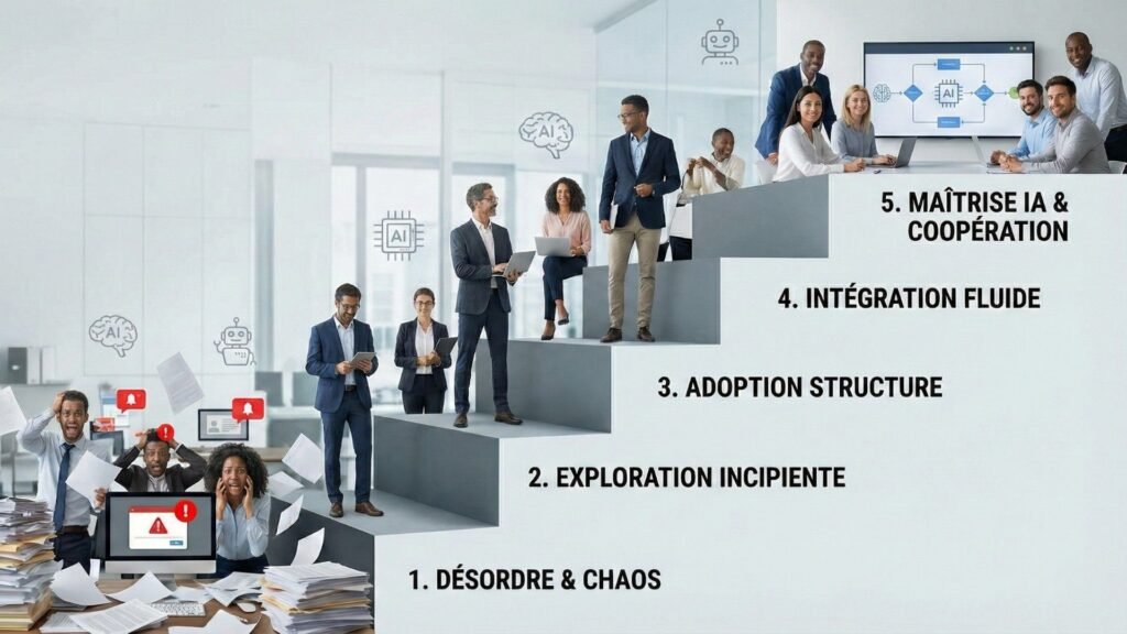 Escalier en cinq étapes montrant la progression d’une équipe stressée vers une équipe sereine collaborant avec des outils d’intelligence artificielle, illustrant une méthode structurée pour intégrer l’IA sans créer de chaos dans l’entreprise.