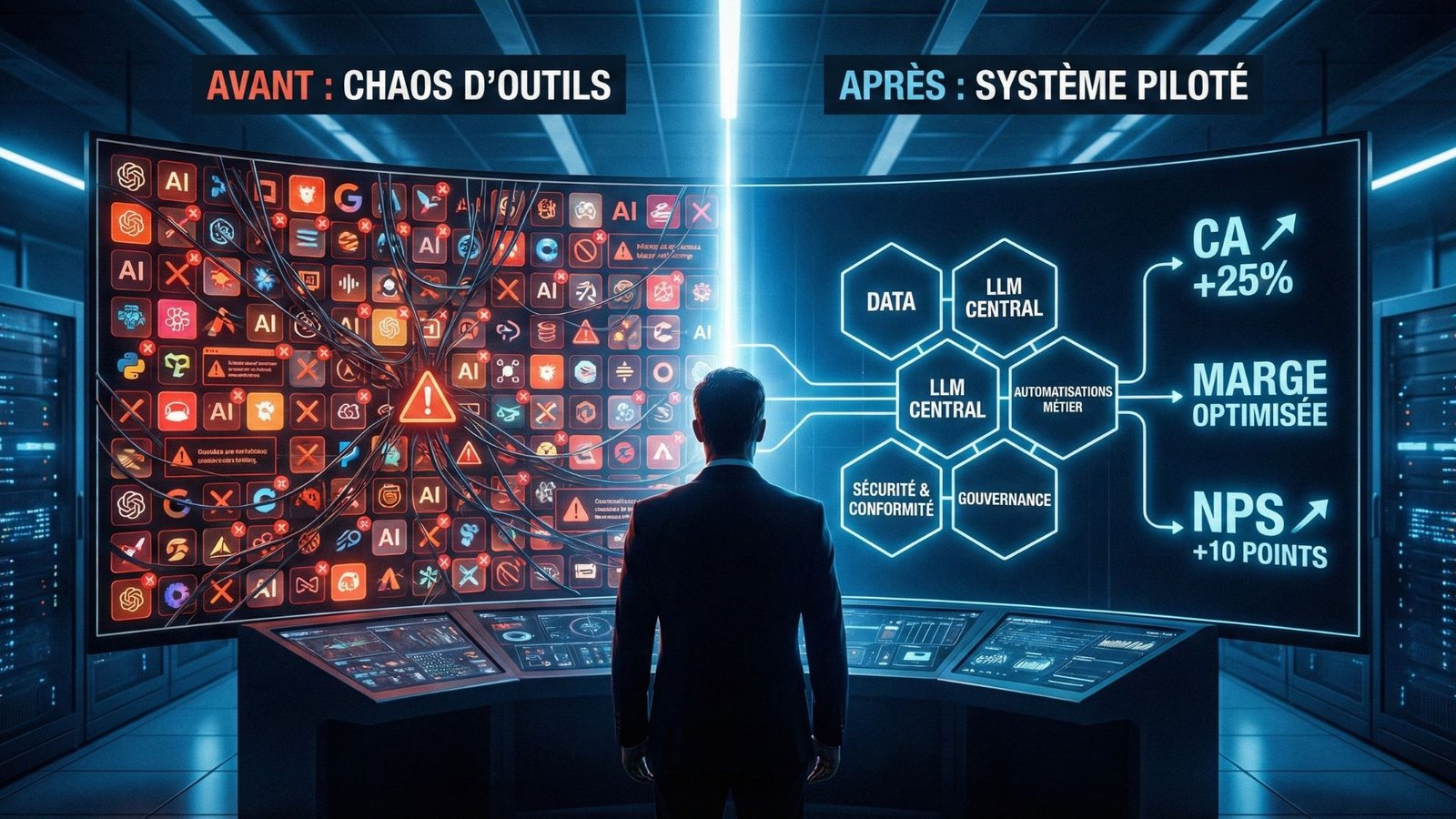 Dirigeant devant un grand tableau de bord numérique comparant une mosaïque d’outils IA dispersés à un écosystème IA simplifié organisé autour de la data, d’un LLM central et d’automatisations alignées sur les KPIs business.