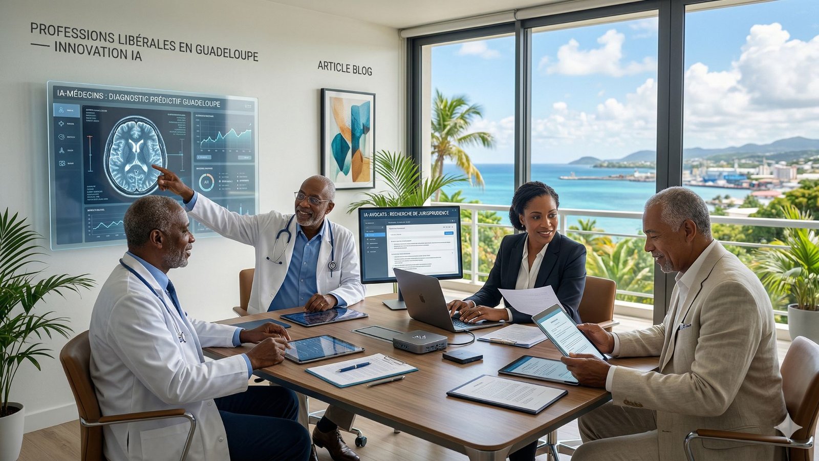 Groupe de professionnels expérimentés (médecins et avocats) discutant autour de tablettes et d'un grand écran d'IA dans un bureau avec vue sur la mer en Guadeloupe. L'écran affiche "IA-MÉDECINS : DIAGNOSTIC PRÉDICTIF GUADELOUPE". Texte mural : "Innovation IA" et "Article Blog"