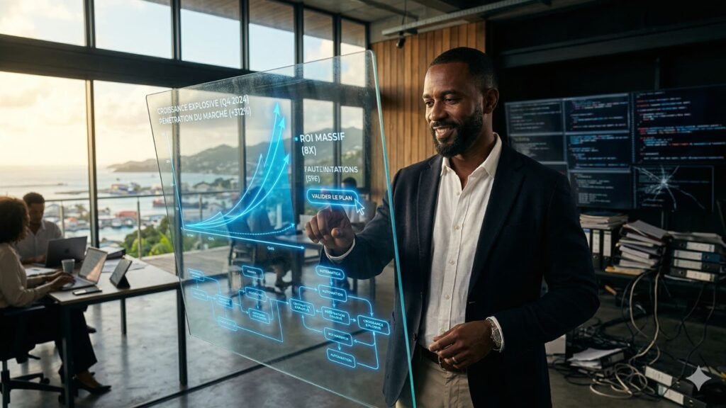 Consultant expert IA en Guadeloupe définissant une stratégie de domination de marché pour une PME antillaise.
