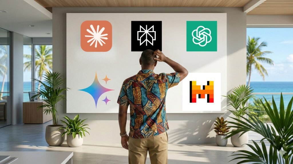 Un entrepreneur guadeloupéen indécis au bureau de Sainte-Rose, comparant ChatGPT, Perplexity, Claude, mistral et Gemini sur un tableau blanc face à la mer des Caraïbes.