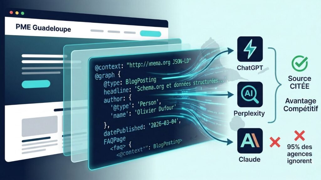 Schema.org JSON-LD invisible pour IA générative Illustration technique montrant comment le code JSON-LD Schema.org invisible structure un site web pour être lu par ChatGPT et Perplexity, créant un avantage concurrentiel pour les PME en Guadeloupe.