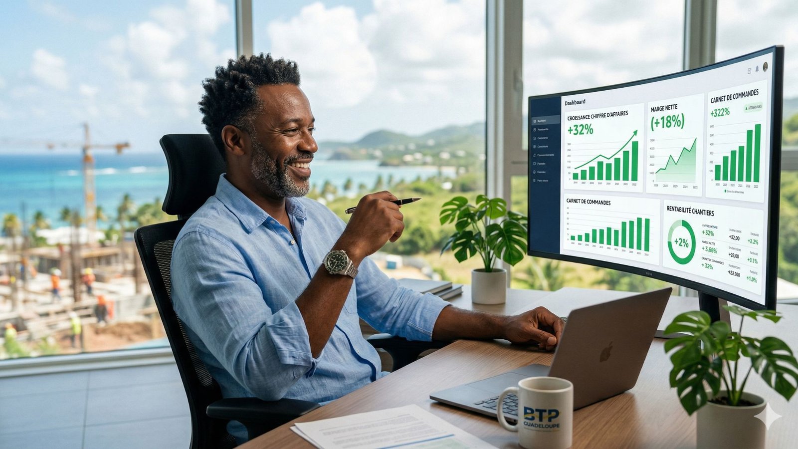 Gérant de PME BTP en Guadeloupe souriant devant un tableau de bord financier automatisé affichant une croissance et une rentabilité maximales.