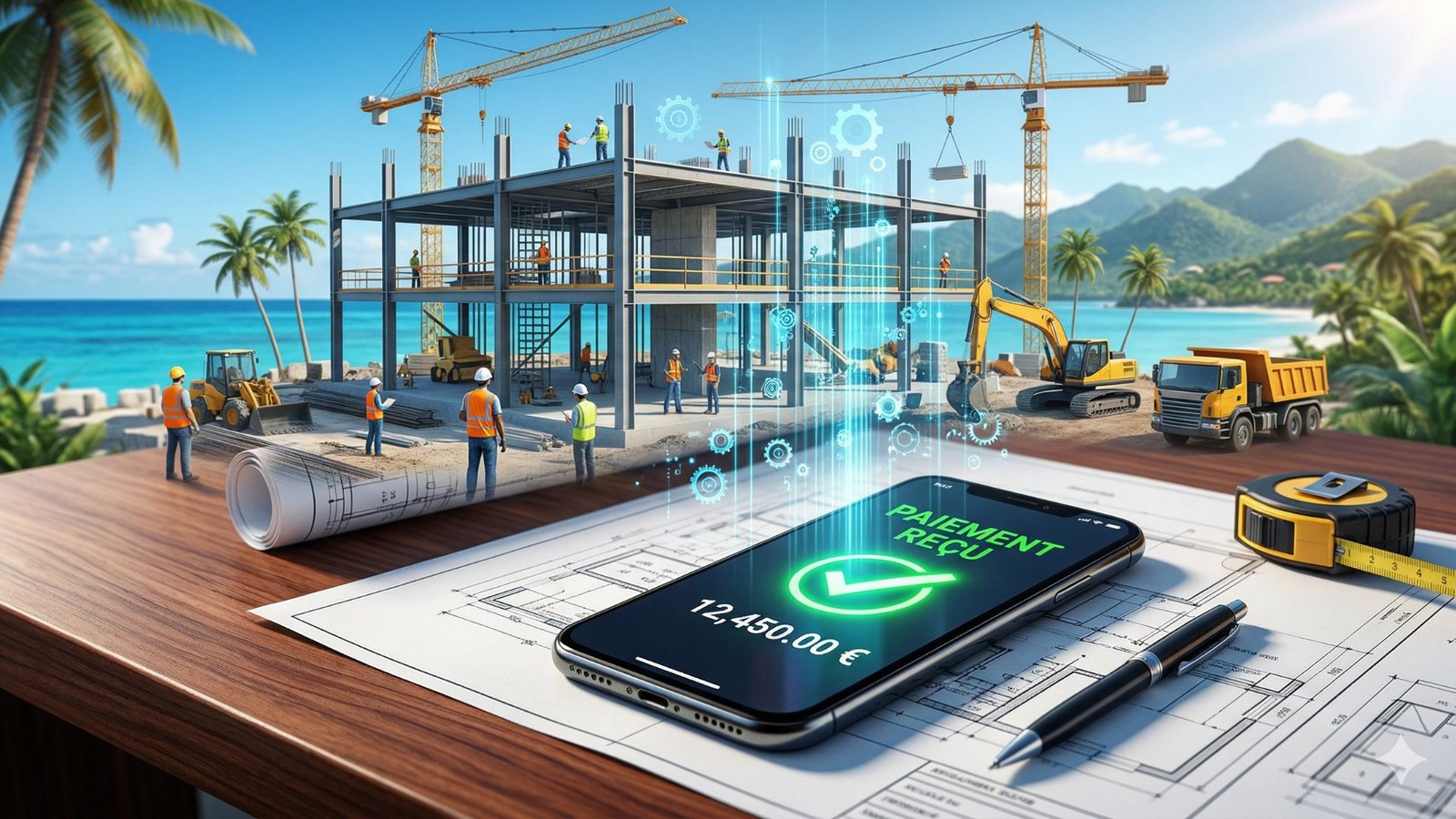 Gérant de PME BTP en Guadeloupe devant son tableau de bord automatisé de facturation et relances clients